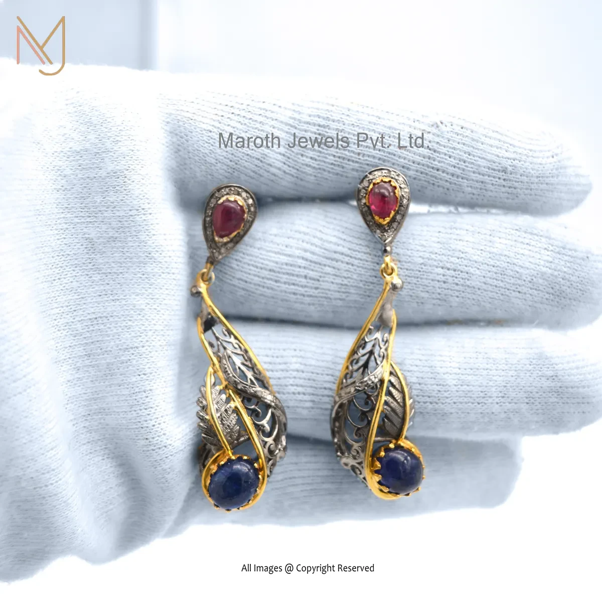 Wholesale 925 SIlver Yellow Gold Plated Pave Diamond & Ruby Blue Sapphire Leaf Drop Earring