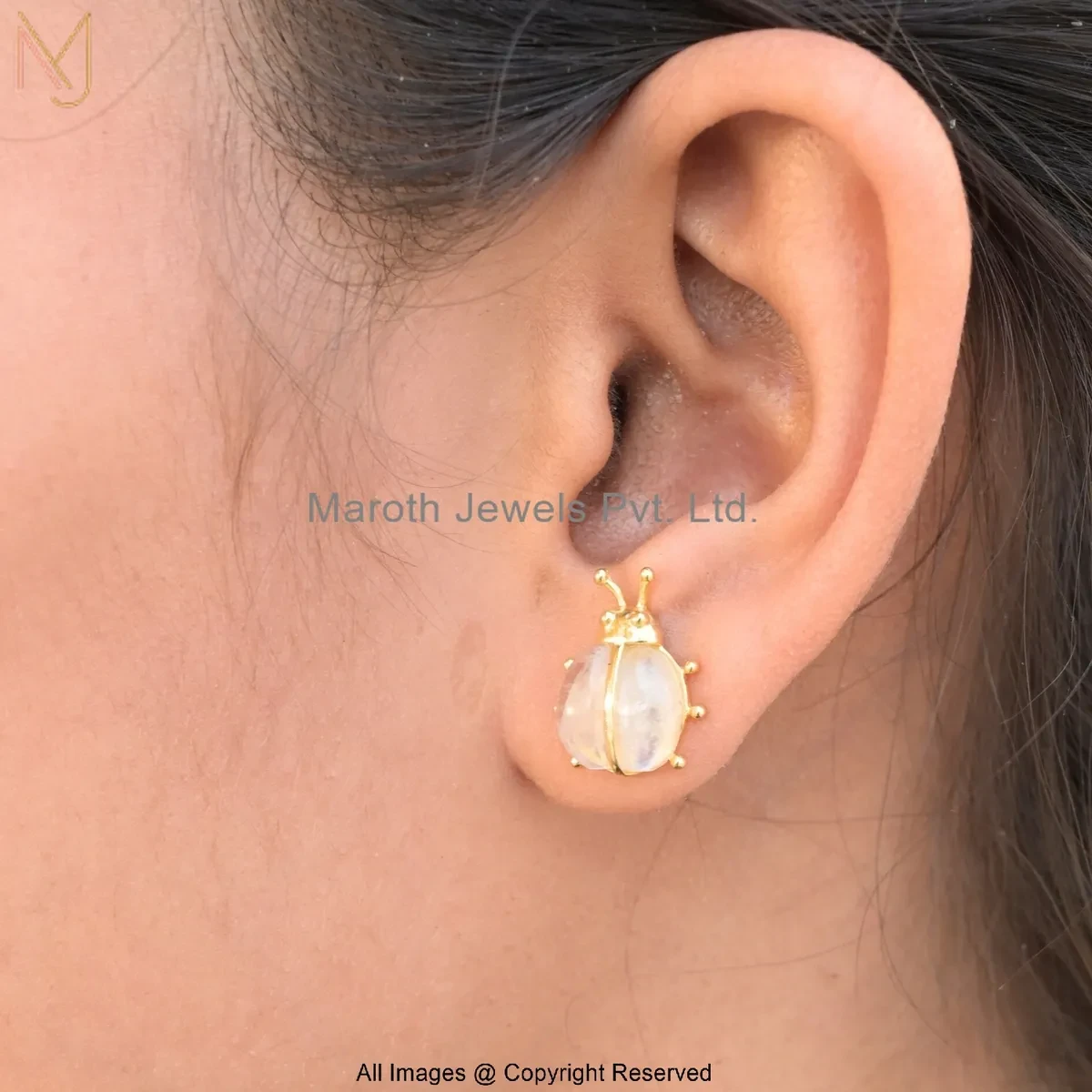 925 Silver Yellow Gold Plated Moonstone Scarab Stud Earring Jewelry Supplier