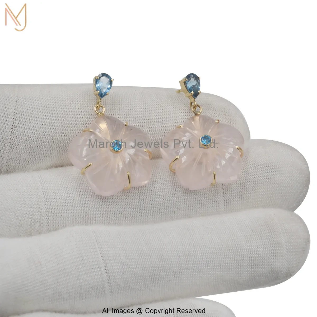 14K Yellow Gold Blue Topaz And Rose Quartz Flower Drop Earring Custom Jewelry