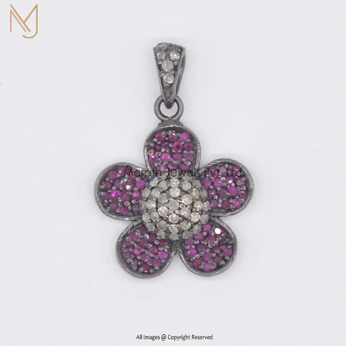14K Yellow Gold Flower Pendant Pave Diamond Gemstone Jewelry Supplier