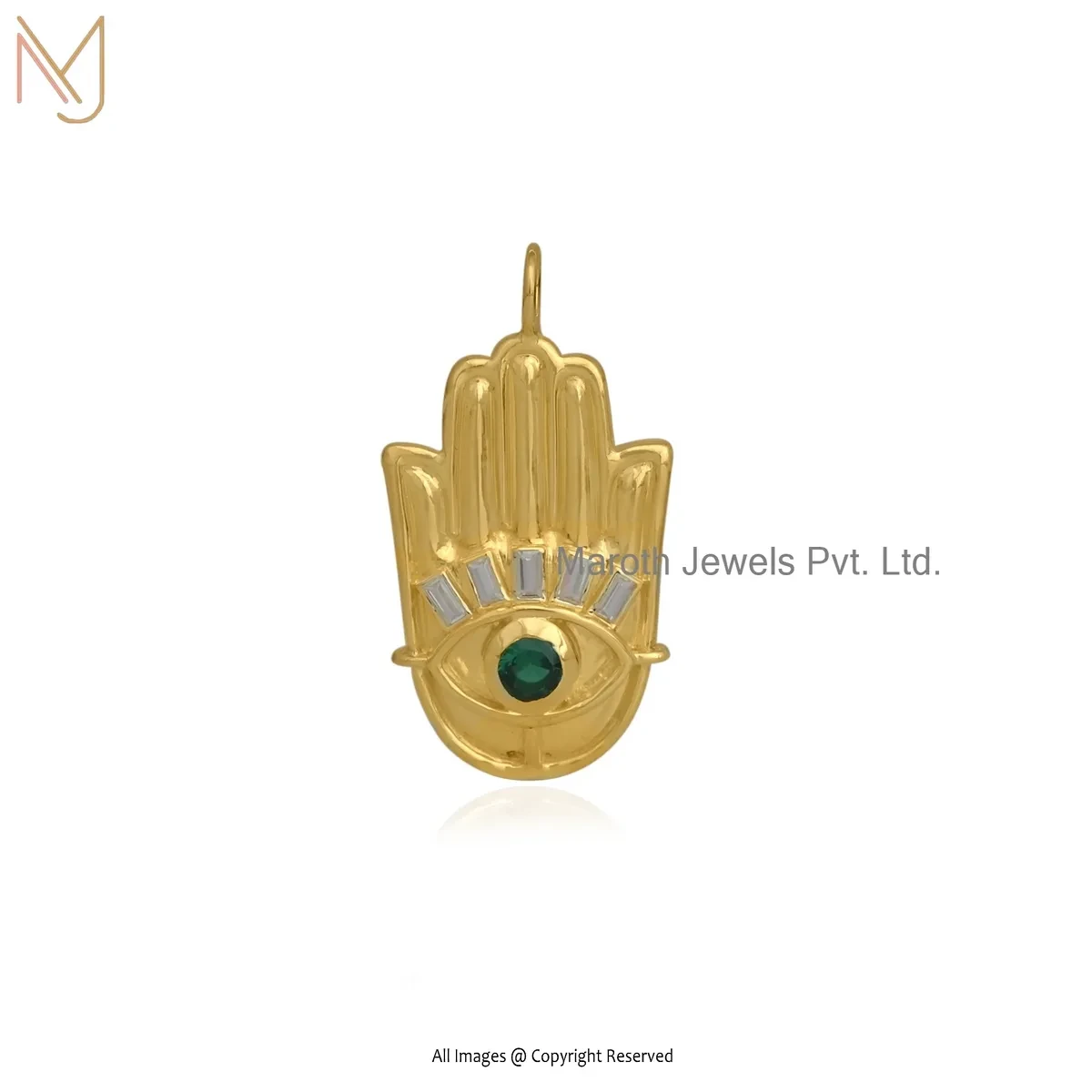 925 Silver Yellow Gold Plated Emerald Cubic Zircon & Baguette White Topaz Hamsa Pendant USA