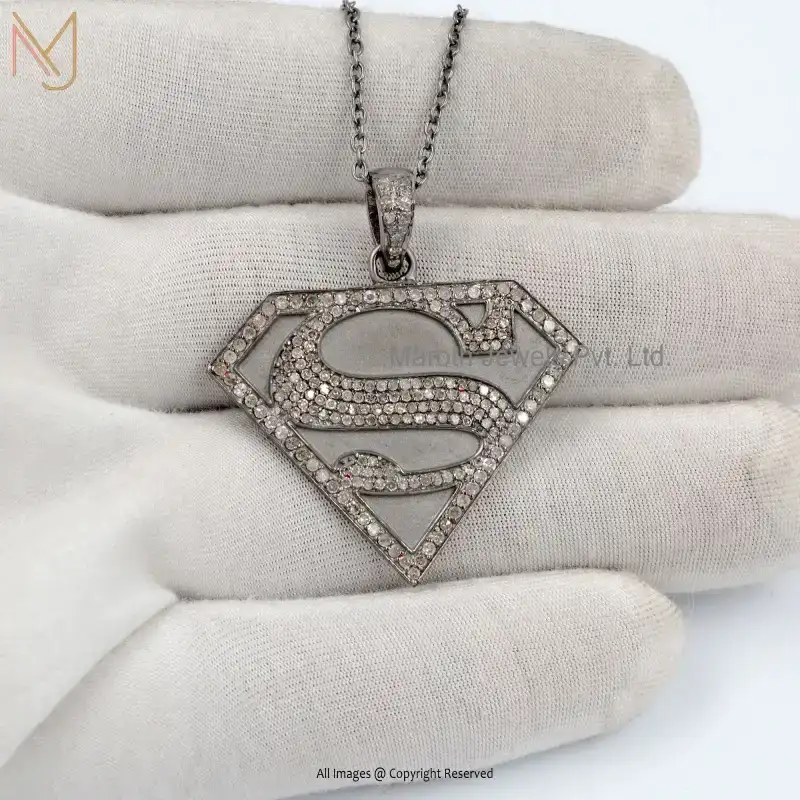 Private Lable 925 Silver Rhodium Plated Diamond Iced Superman Pendant Jewelry