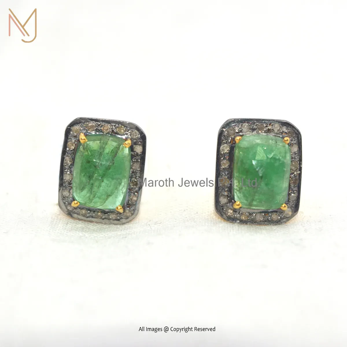 14K Yellow Gold Pave Diamond Pave Diamond Emerald Stud Earring Jewelry Supplier