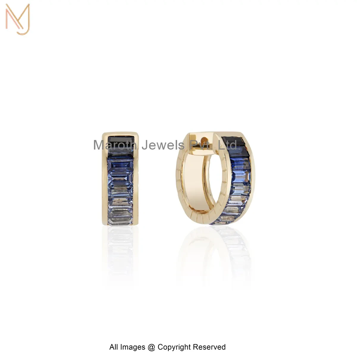 14K Yellow Gold Gemstone Baguette-Cut Huggies Hoop Earring Custom Jewelry