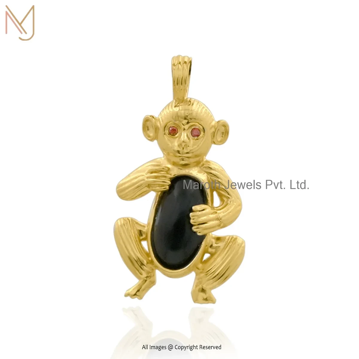 Private Lable 925 Silver Yelllow Gold Plated Garnet & Black Onyx Gemstone Monkey Pendant