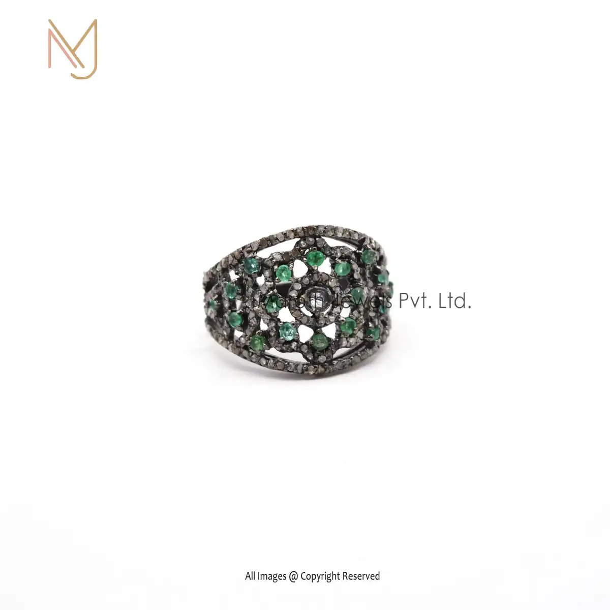925 Silver Rhodium Plated Pave Diamond Emerald Gemstone Ring Manufacturer