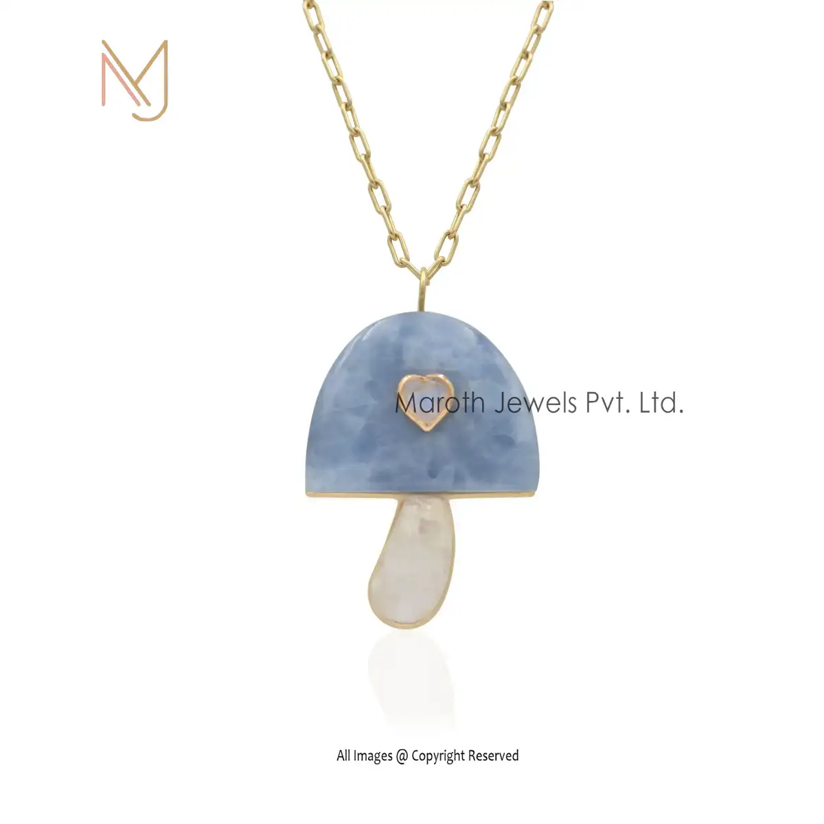 Private Lable 14K Yellow Gold Big Stone Blue Calcite & Small Stone Moonstone & Heart Stone Moonstone Mushroom Pendant