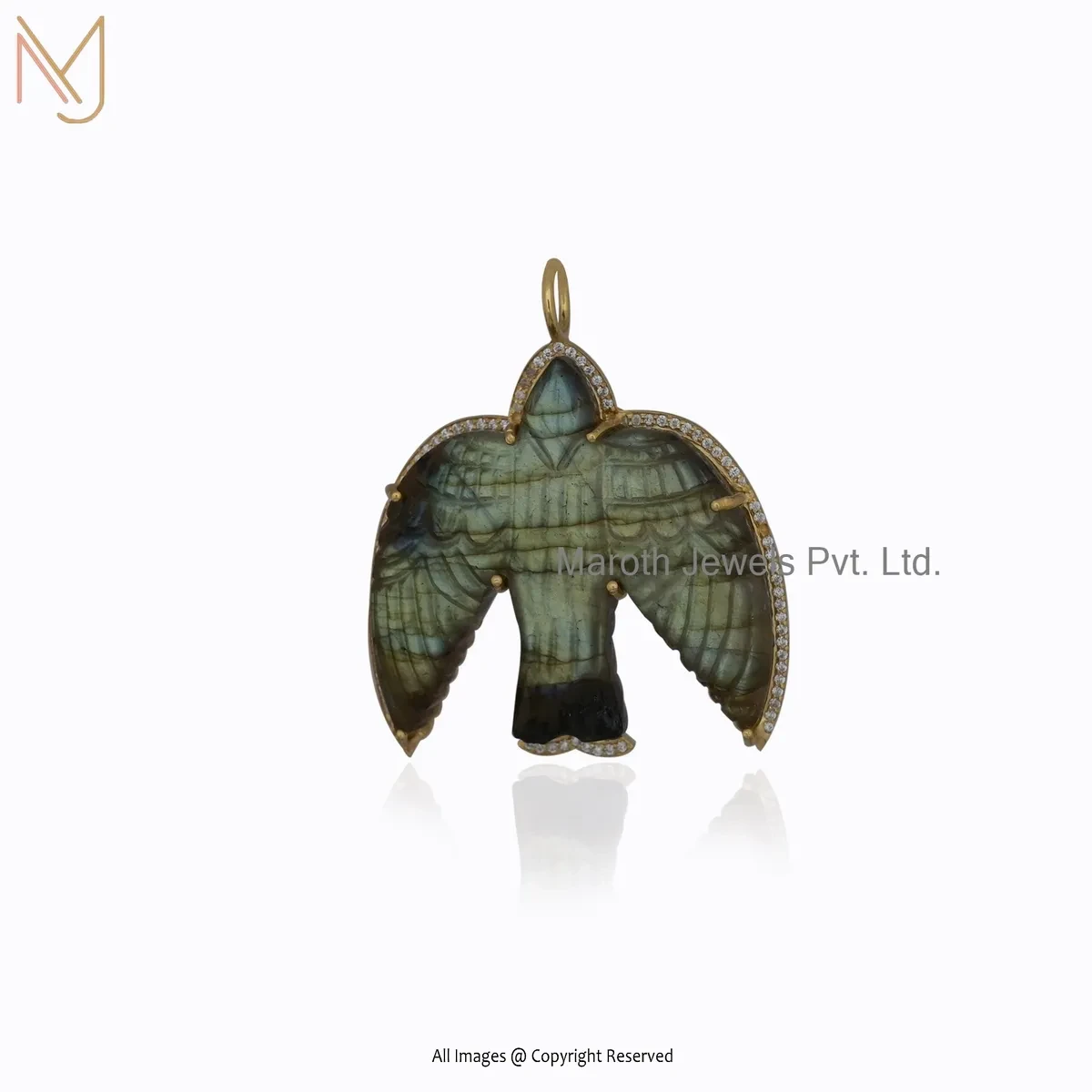 925 Silver Yellow Gold Plated Cubic Zircon & Blue Chalcedony Gemstoen Bird Charm Pendant USA