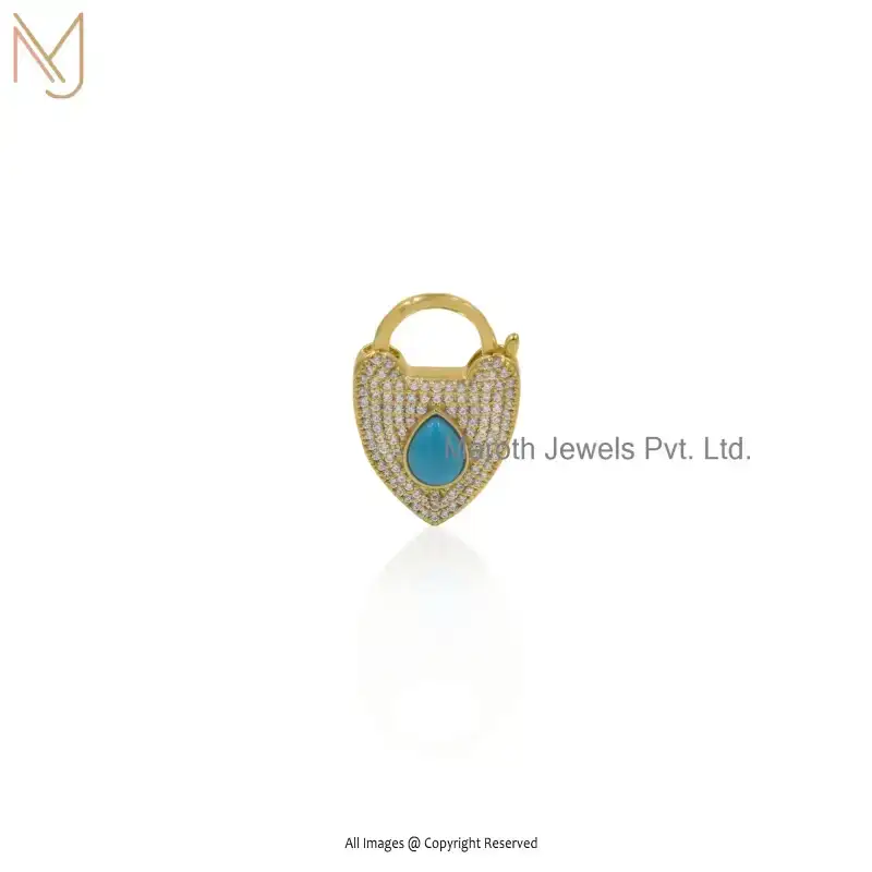 925 Silver Yellow Gold Plated Turquoise Padlock Heart Gemstone Pendant Jewelry Suppiler