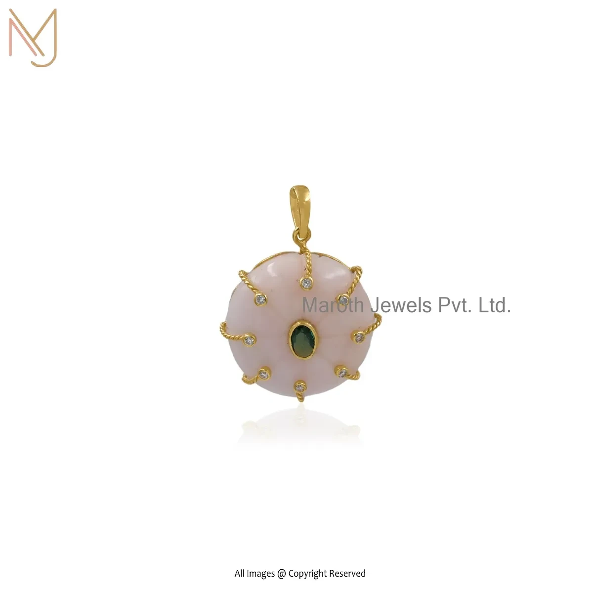925 Silver Yellow Gold Plated Pink Opal And Emerald Gemstone Flower Pendant Manufacturer