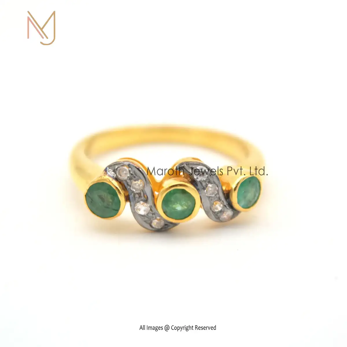 14K Yellow Gold Rhodium Plated Pave Diamond Emerald Gemstone Ring Jewelry Manufacturer