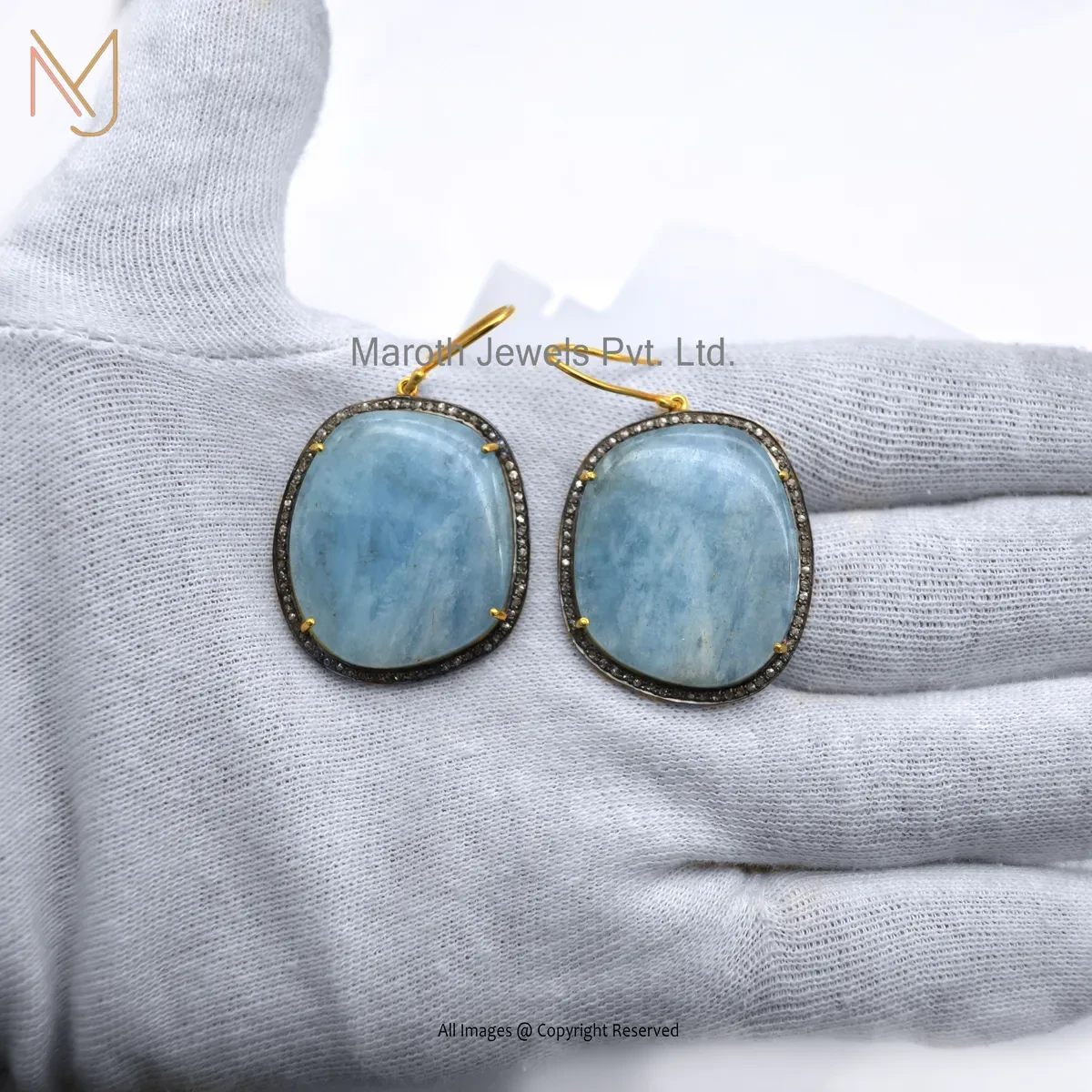 Wholesale 14K Yellow Gold Pave Diamond And Blue Chalcedony Gemstone Earring