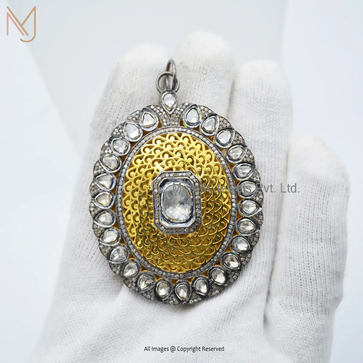 925 Sterling Silver Yellow Gold Rhodium Plated Pave Diamond And Rose Cut Diamond Victorian Pendant Custom Jewelry