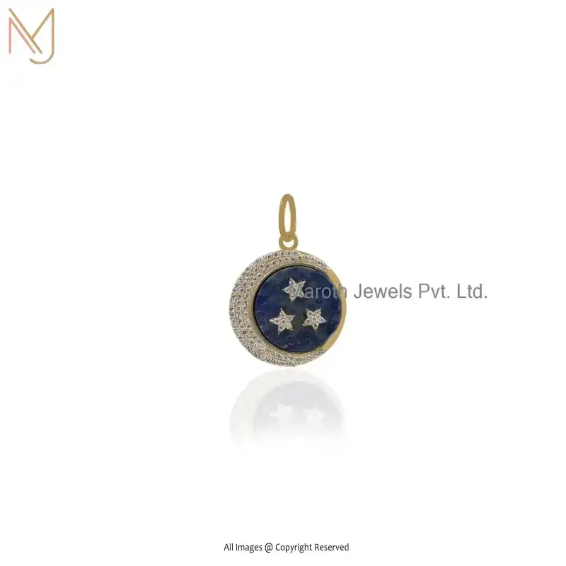 925 Silver Yellow Gold Plated Lapiz Lazuli Cubic Zircon Star Moon Charm Pendant Jewelry Supplier