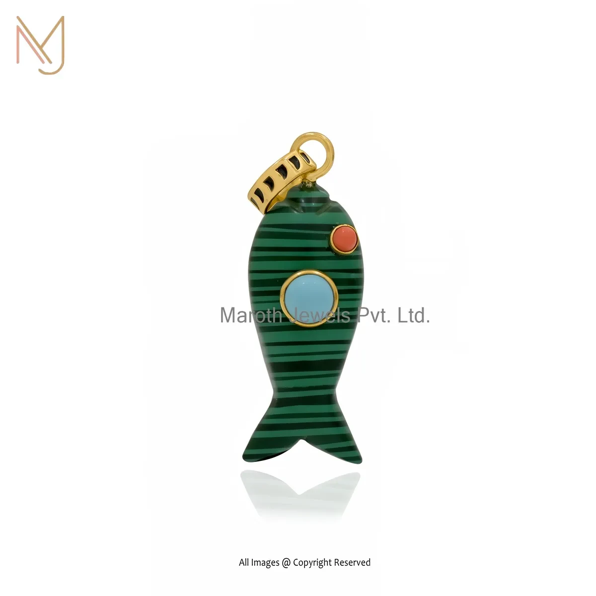 14K Yellow Gold Malachite & Turquoise Gemstone Black Enamel Fish Pendant USA