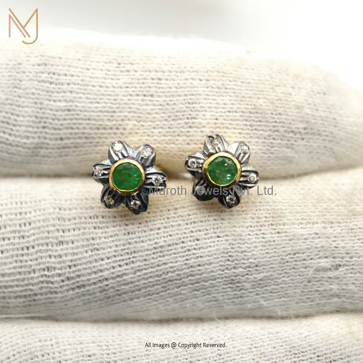 14K Yellow Gold Cubic Zircon Emerald Gemstone Flower Stud Earring Jewelry Supplier