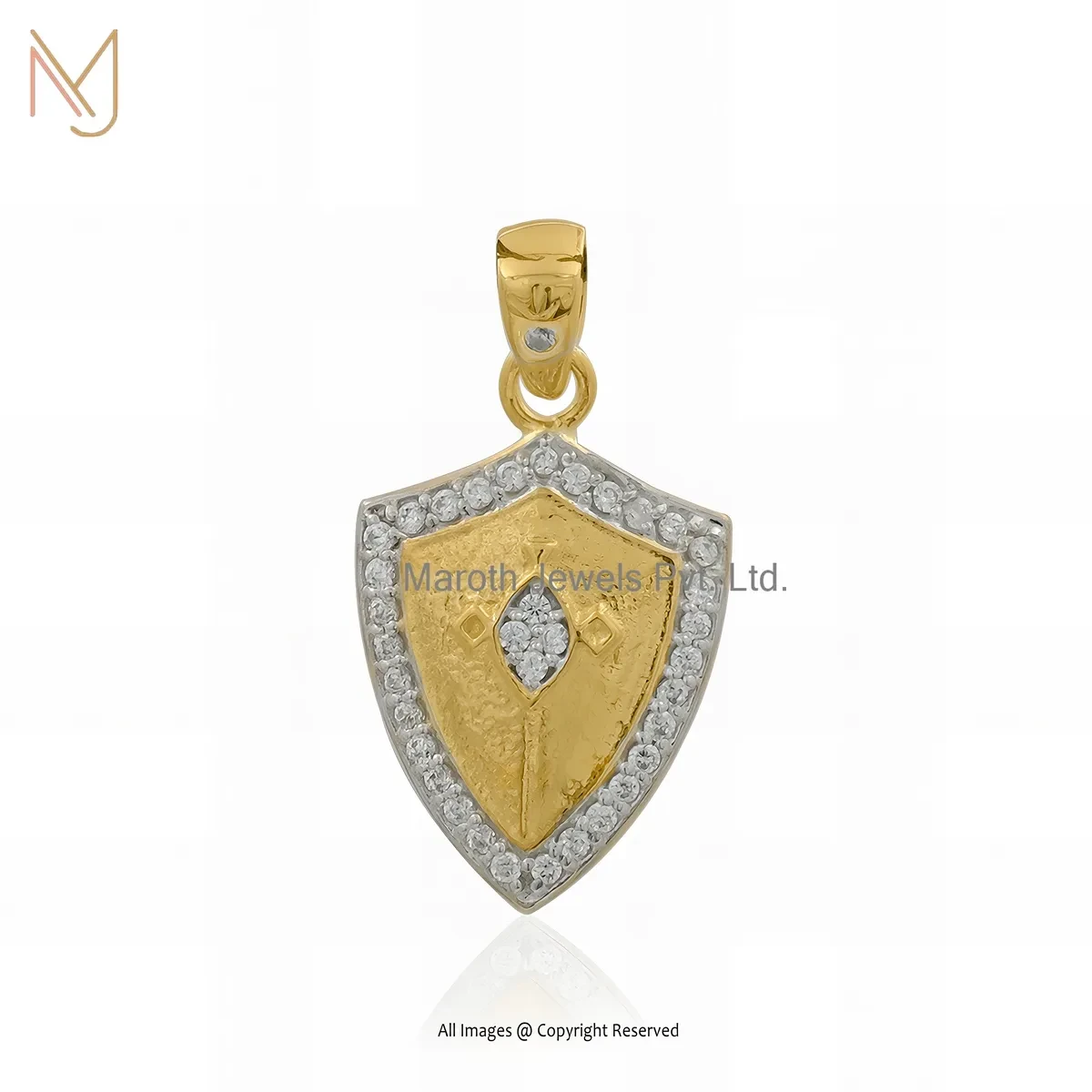 14K Yellow & White Gold Cubic Zircon Shield Charm Pendant Jewelry Supplier
