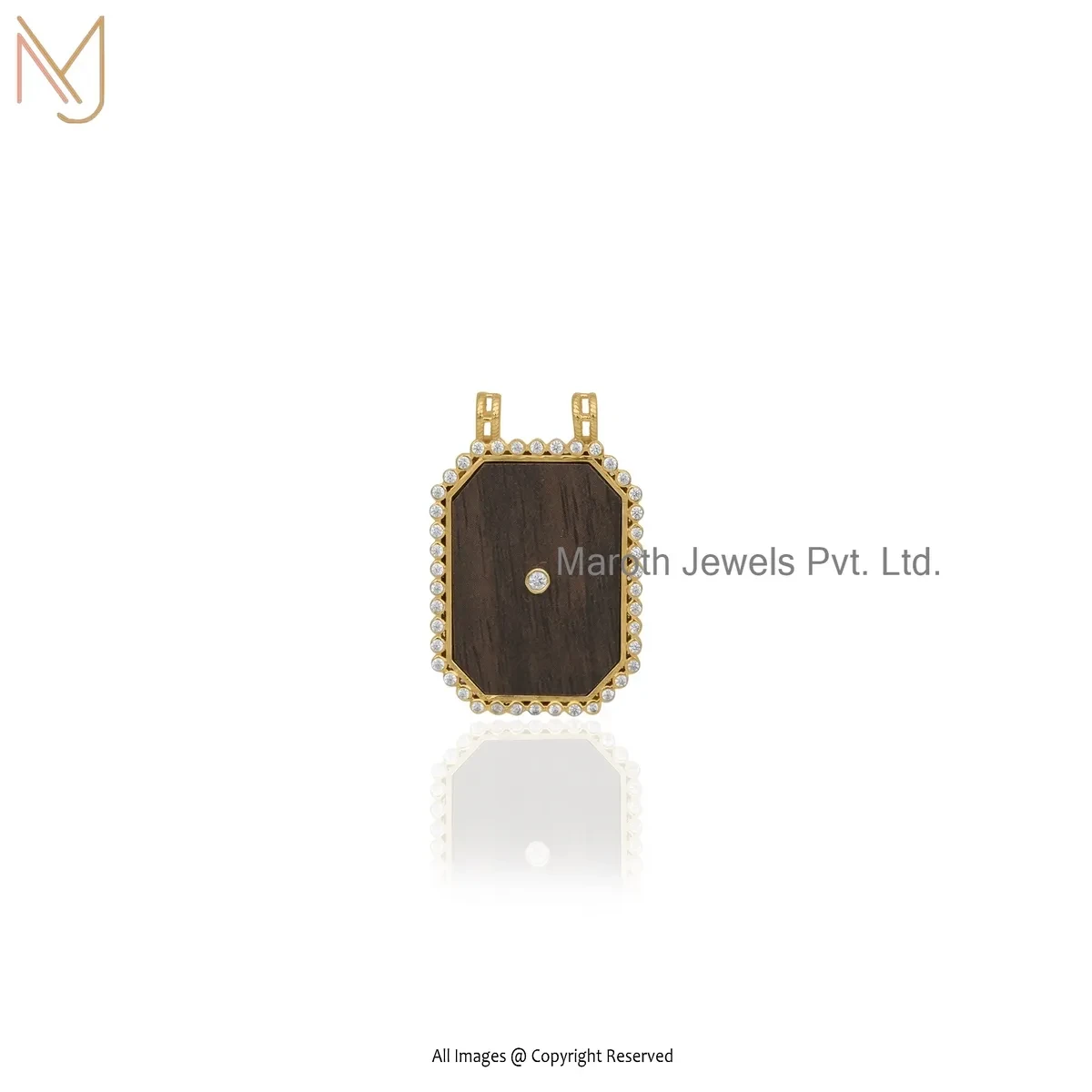 Private Lable 925 Silver Yellow Gold Plated Cubic Zircon Wooden Scapular Pendant