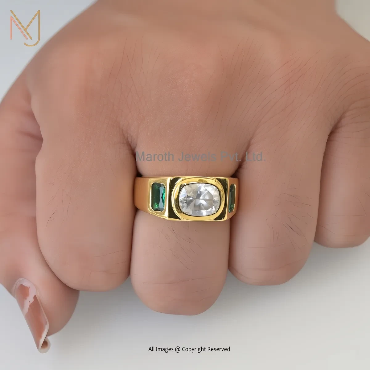 925 Silver Yellow Gold Plated Cubic Zircon And Baguette Brado Cigar Band Ring USA