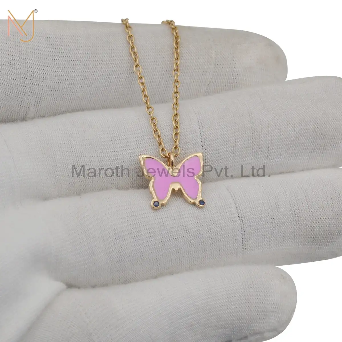 Private Lable 14K Yellow Gold & Blue Sapphire And Pink Enamel Pendant Jewelry