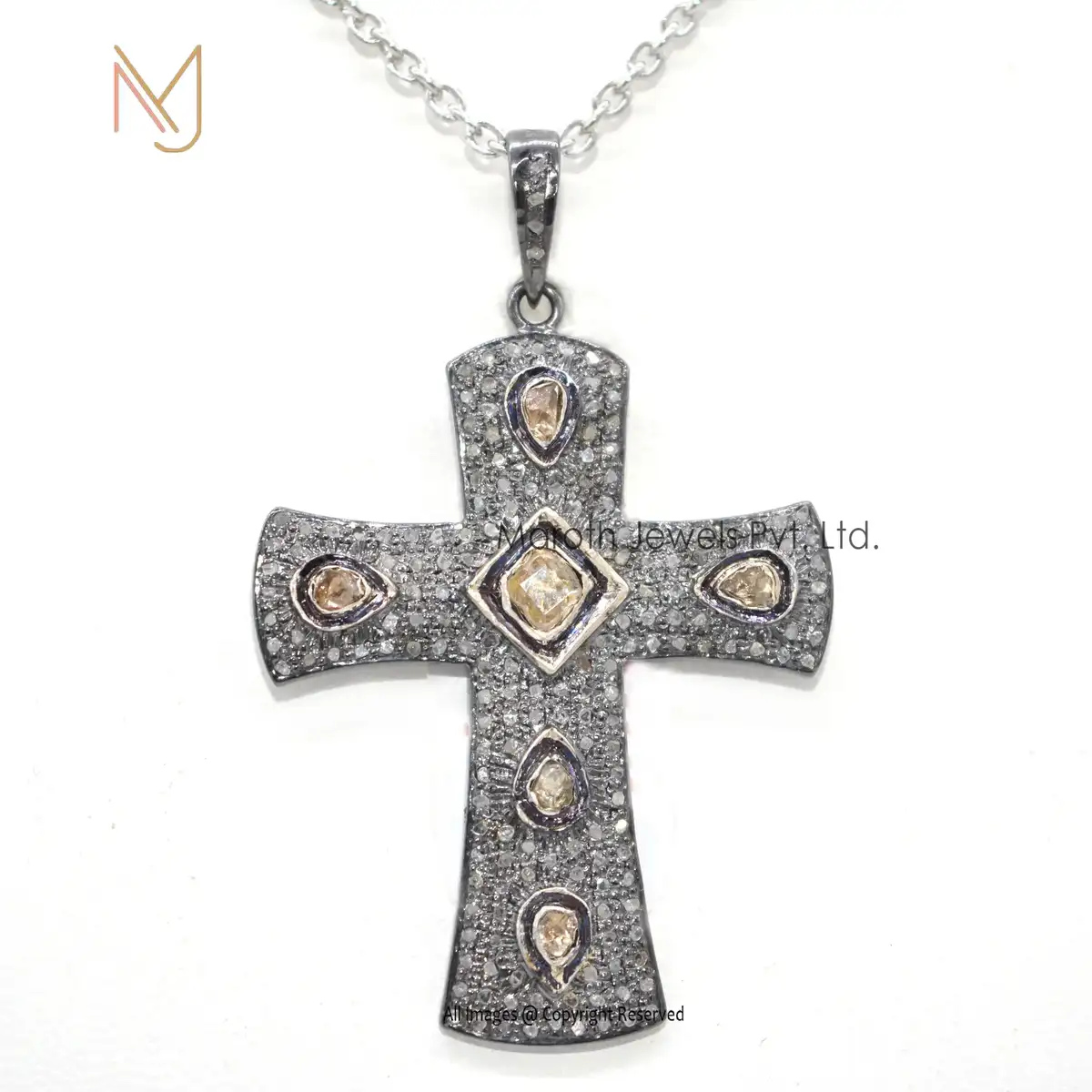 925 Silver Black Rhodium Pave Diamond Rose Cut Diamond Cross Pendant Manufacturer