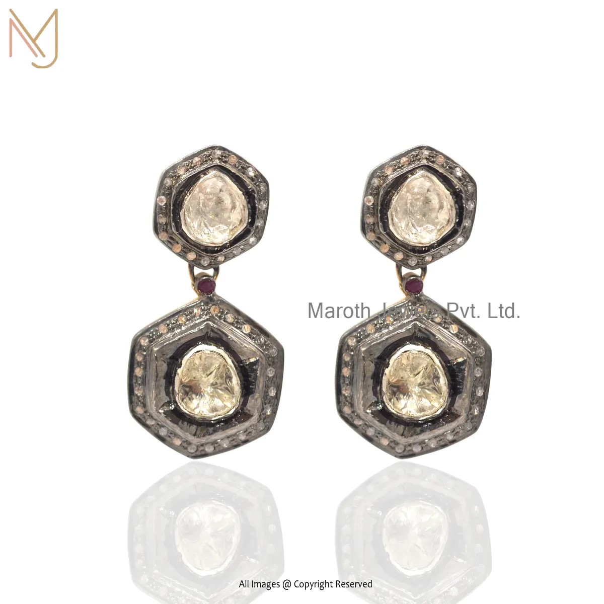 Private Lable 14K Yellow Gold Pave Diamond Rose Cut Polki Diamond Drop Dangle Earring