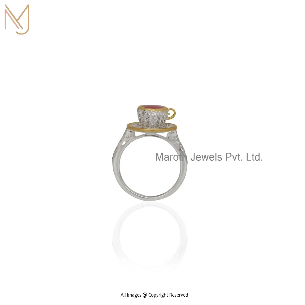 Private Label  925 Sterling Silver Yellow Gold Plated White CZ and Red Enamel Tea Lovers Ring