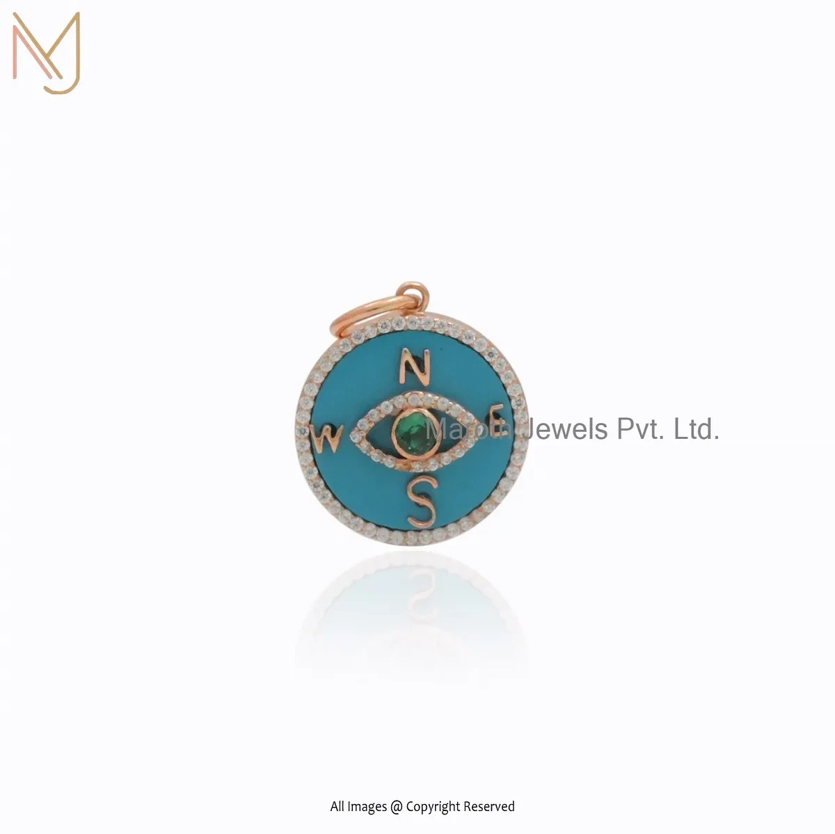 925 Silver Rose Gold Plated Cubic Zircon & Turquoise Gemstone Evil Eye Compass Handmade Pendant USA