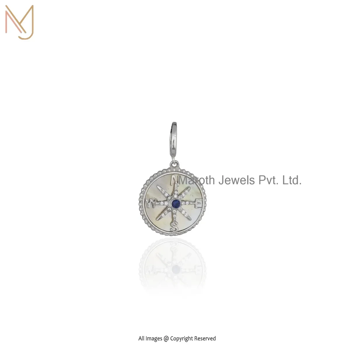 14K White Gold Cubic Zircon & Mother Of Pearl Compass Pendant Jewelry Supplier