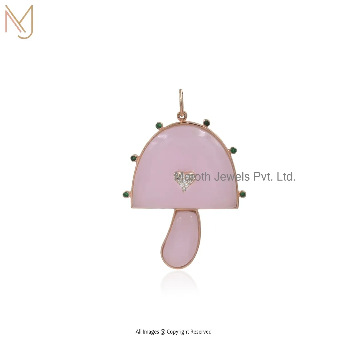 Wholesale 925 Silver Yellow Gold Plated Cubic Zircon & Rose Quartz Gemstone Mushroom Pendant Jewelry