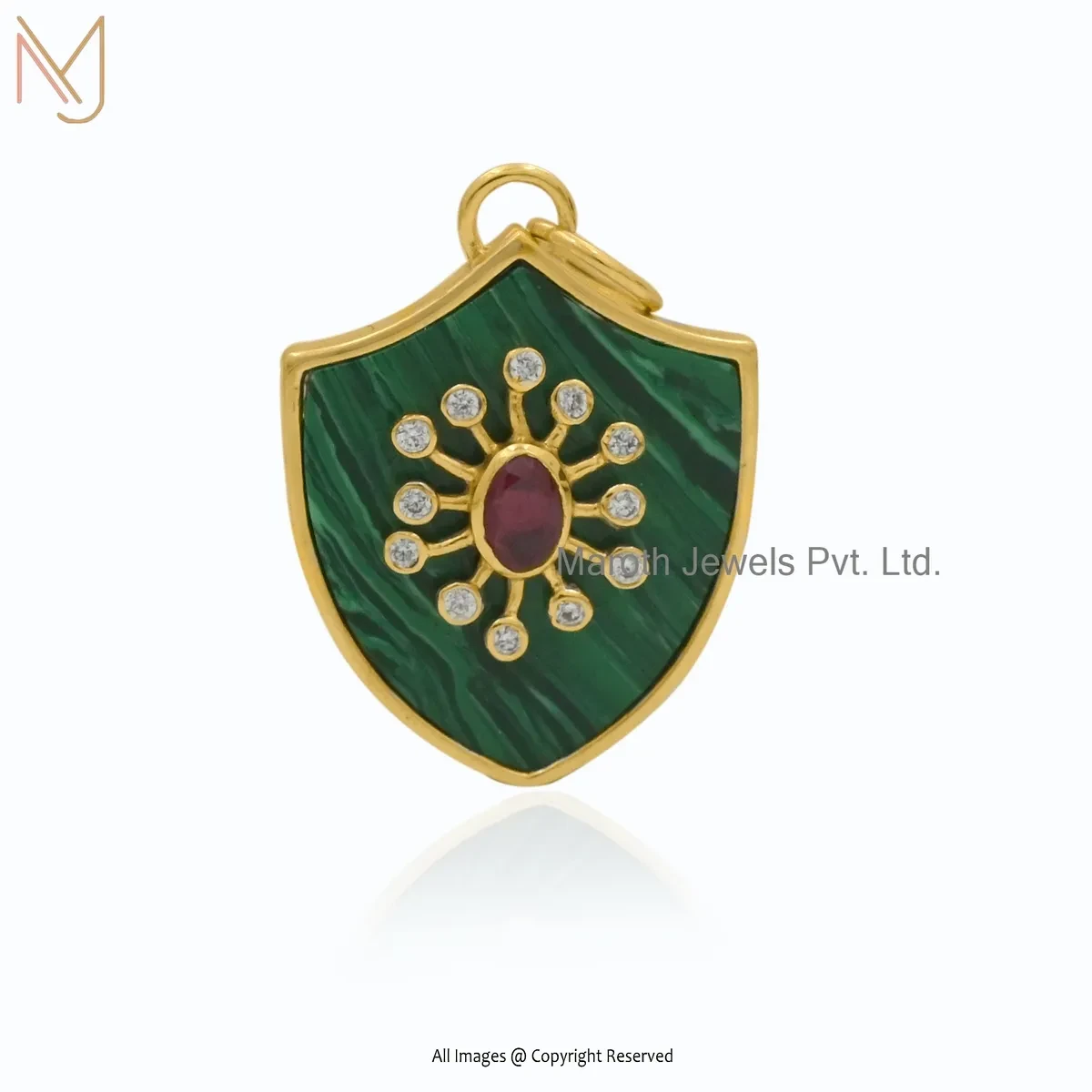 Private Lable 14K Yellow Gold Ruby Cubic Zircon & Lapiz Lazuli Shield Pendant