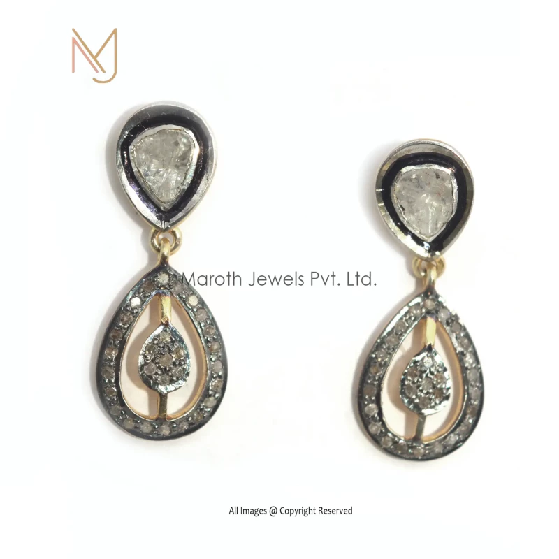 925 Silver Pave Diamond & Rose Cut Diamond Designer Drop Earrings Jewelry Wholesale