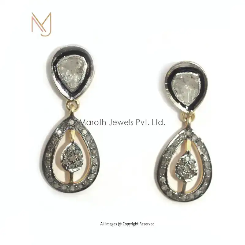 925 Silver Pave Diamond & Rose Cut Diamond Designer Drop Earrings Jewelry Manufacturer