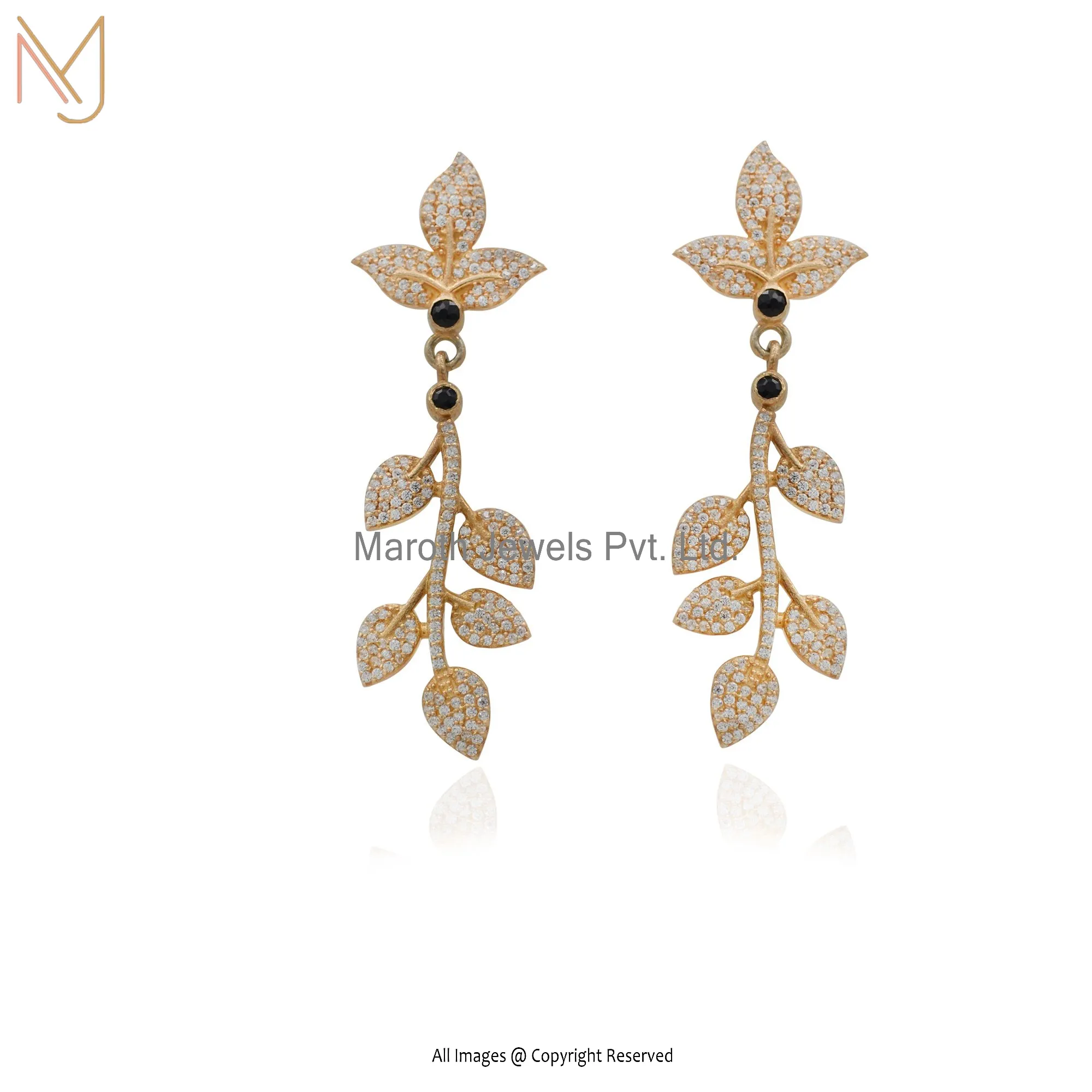 14K Yellow Gold Cubic Zircon Balck Spinel Leaf Design Earrings Custom Jewelry