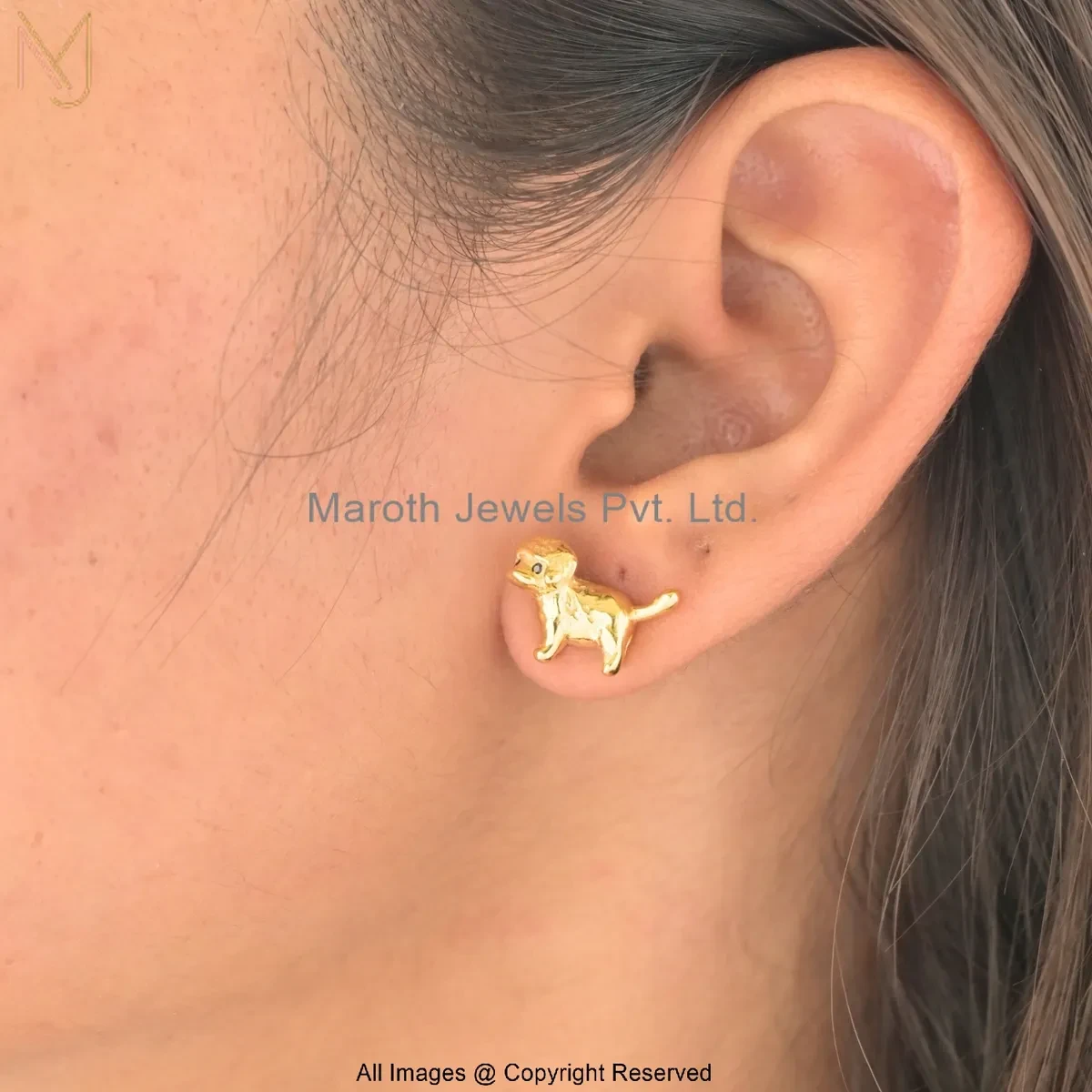 14K Yellow Gold Black Spinel Cute Puppy Stud Earring Manufacturer