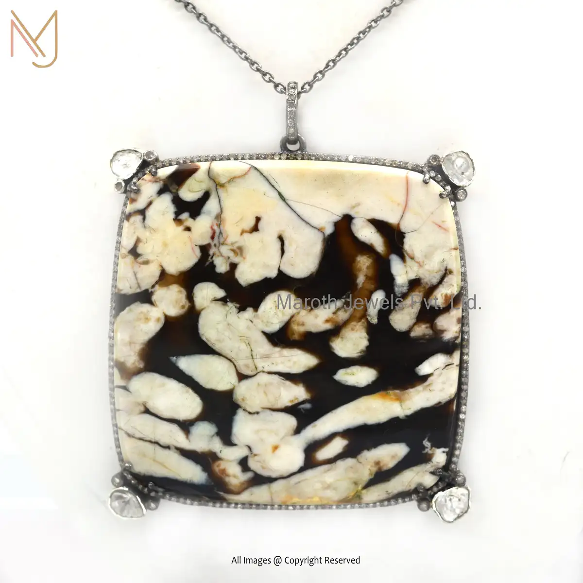 925 Silver Rhodium Rose Cut Diamond Peanut Wood Gemstone Square Pendant Jewelry Supplier