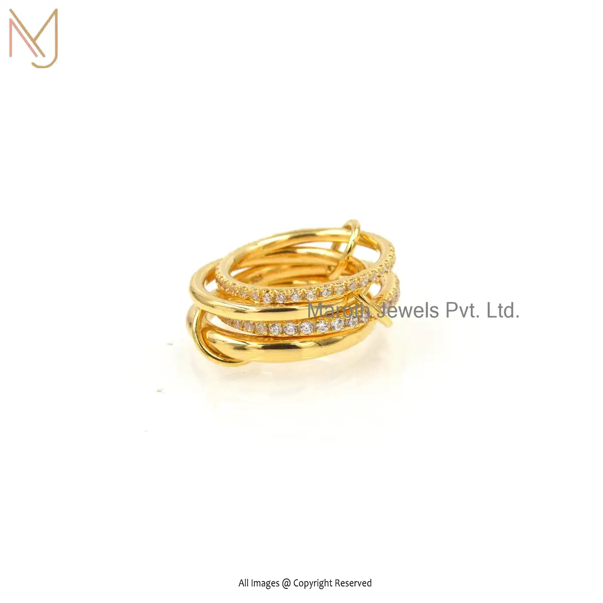 14K Yellow Gold Cubic Zircon Multi Link Connector Ring Manufacturer