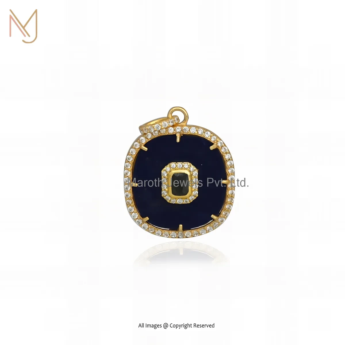 Private Lable 925 Silver Yellow Gold Plated Cubic Zircon & Labradorite Gemstone Square Pendant