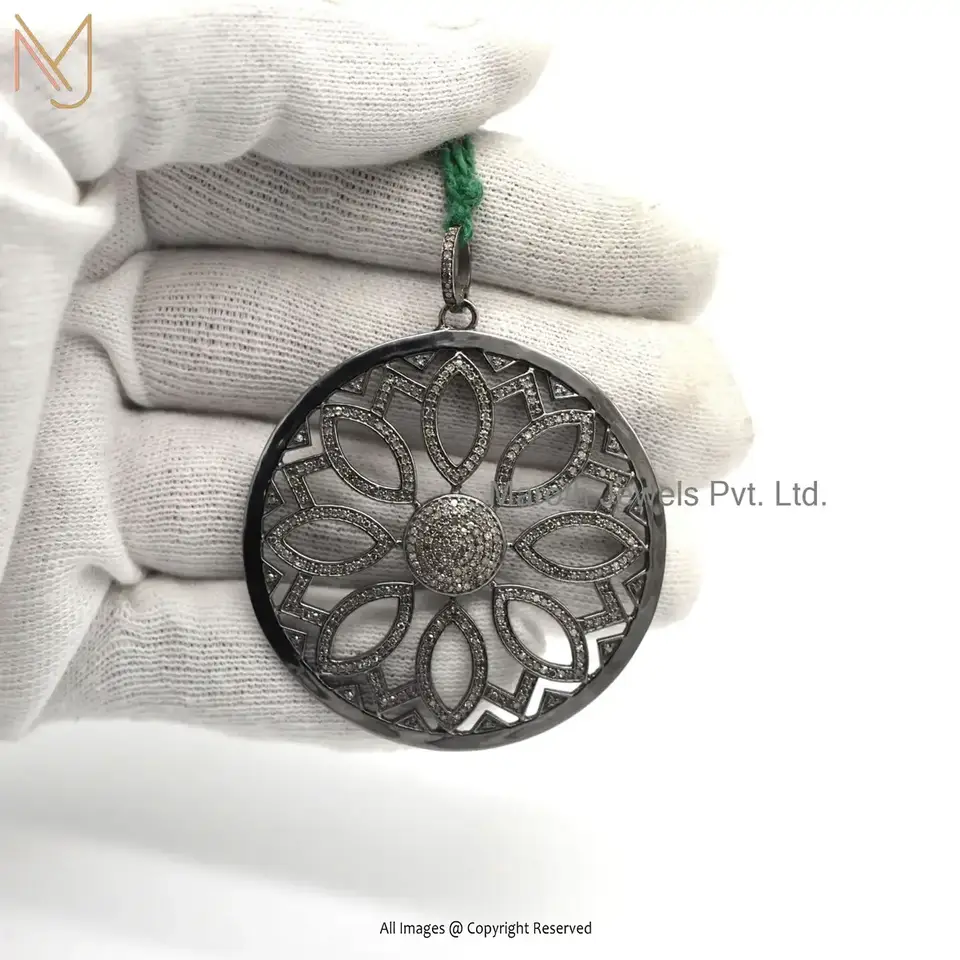 Private Lable 925 Silver Black Rhodium Plated Pave Diamond Disc Flower Pendant Jewelry