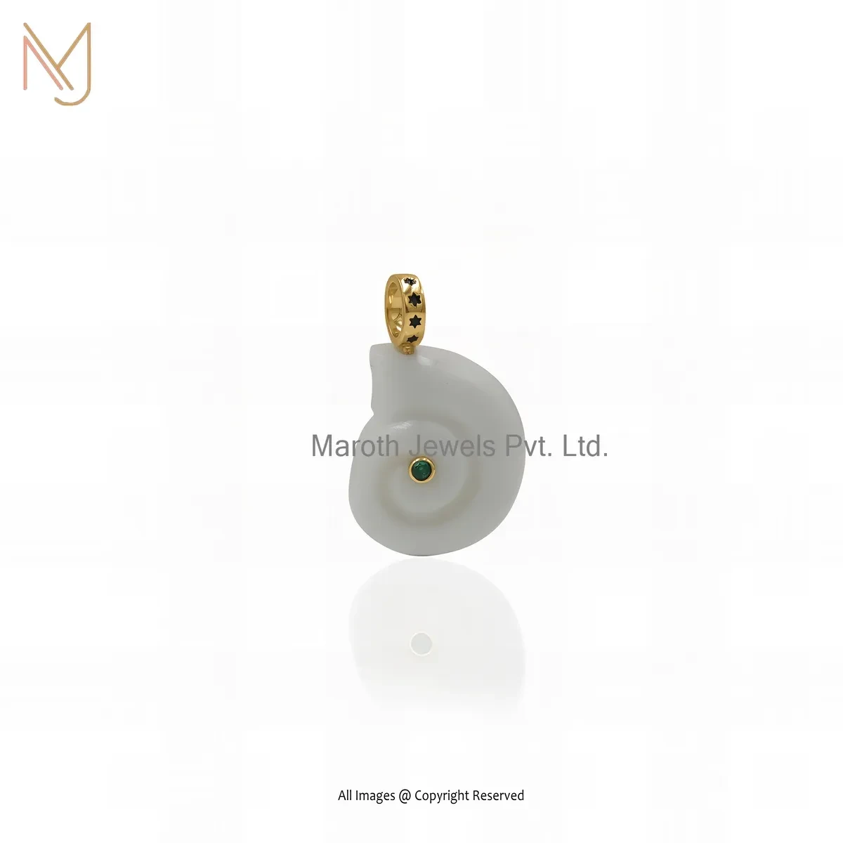 Wholesale 14K Yellow Gold Green Cubic Zircon & White Agate Snail Pendant