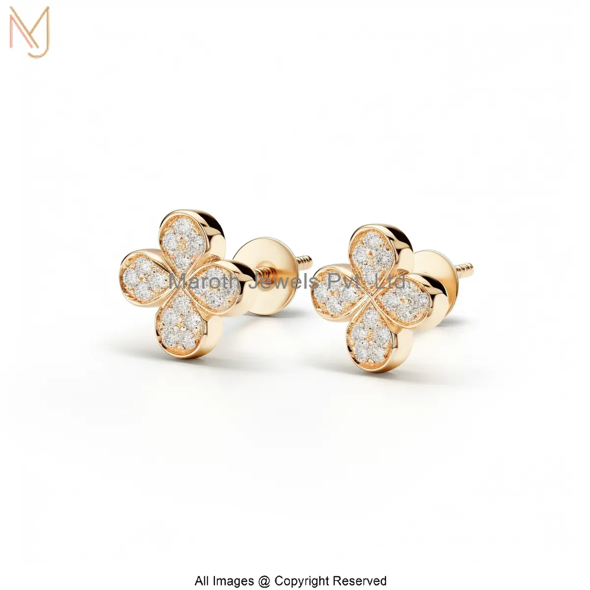 14K Yellow Gold Diamond Four Leaf Clover Stud Earring Custom Jewelry
