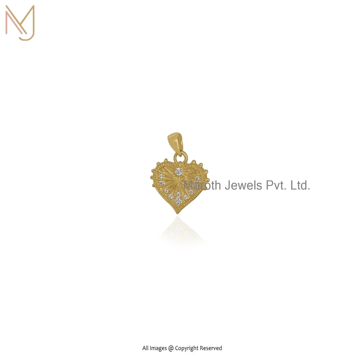 14K Soild Yellow Gold Cubic Zircon Fluted Heart Pendant Custom Jewelry