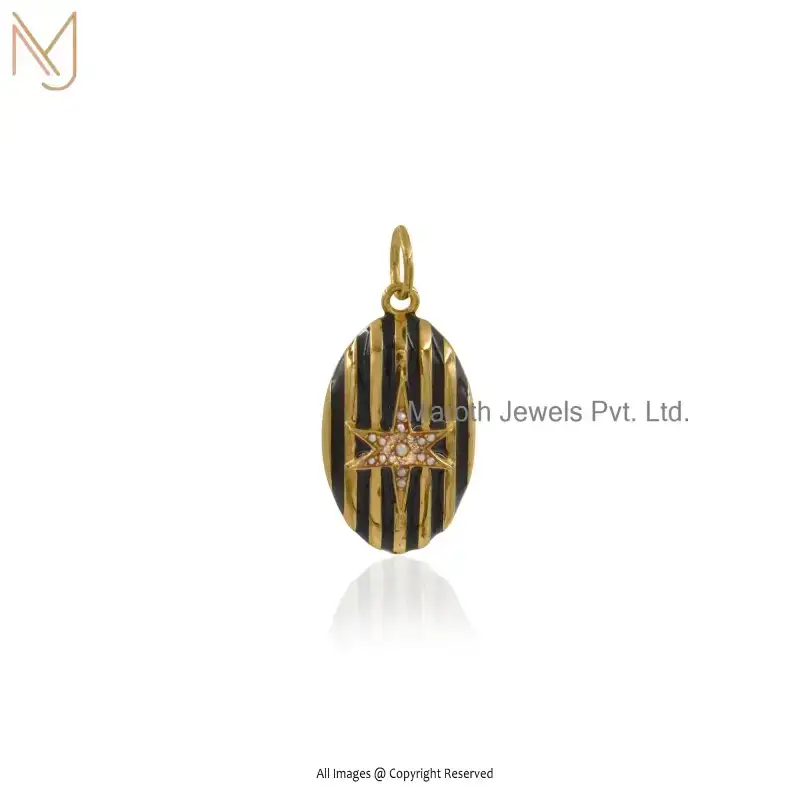 925 Silver Yellow Gold Plated Diamond & Pearl And Black Enamel Gemstone Storrow Star Pendant Manufacturer