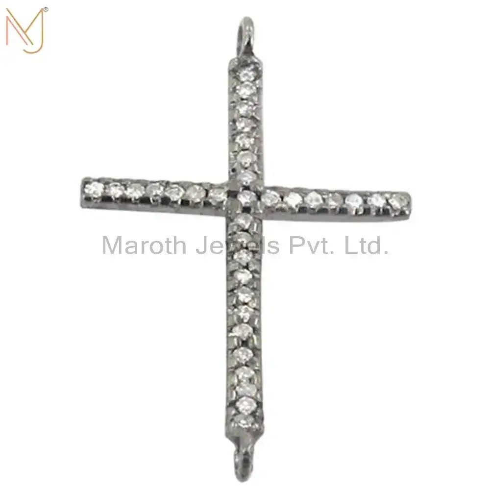 Private Lable 925 Sterling Silver Pave Diamond Cross Connector Finding Pendant Jewelry