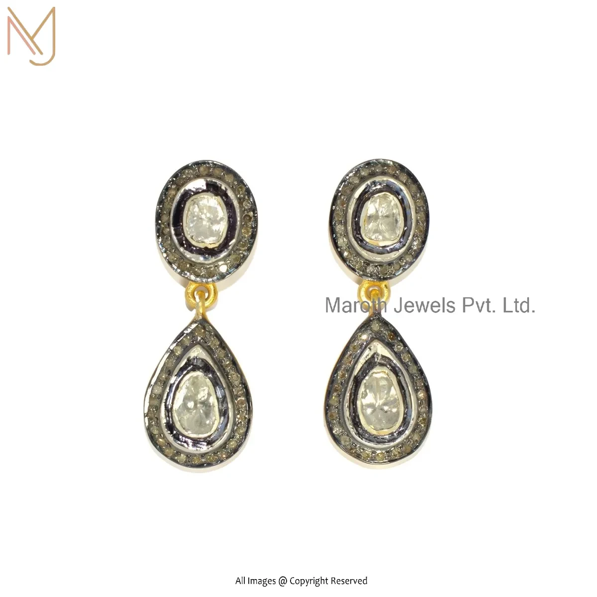 Wholesale 14K Yellow Gold Pave Diamond Rose Cut Polki Diamond Dangle Earring