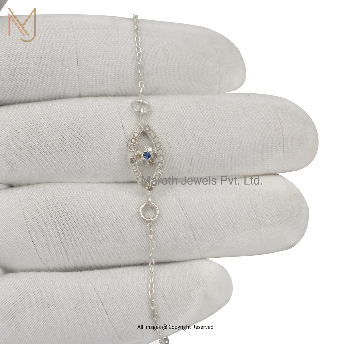 14K White Gold Diamond And Blue Sapphire Evil Eye Bracelet Manufacturer