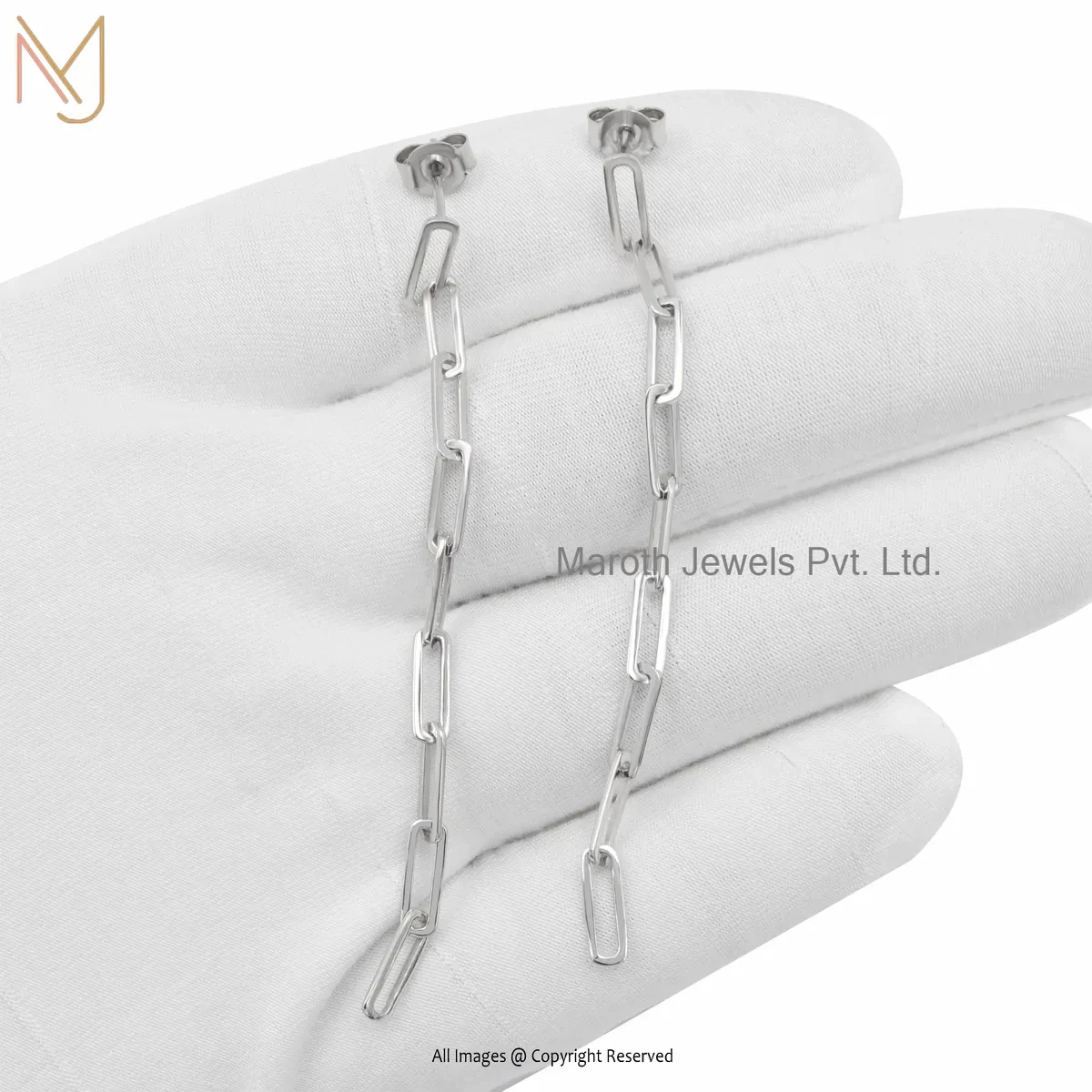 14K White Gold Minimalist Paperclip Chain Drop Earrings Custom Jewelry