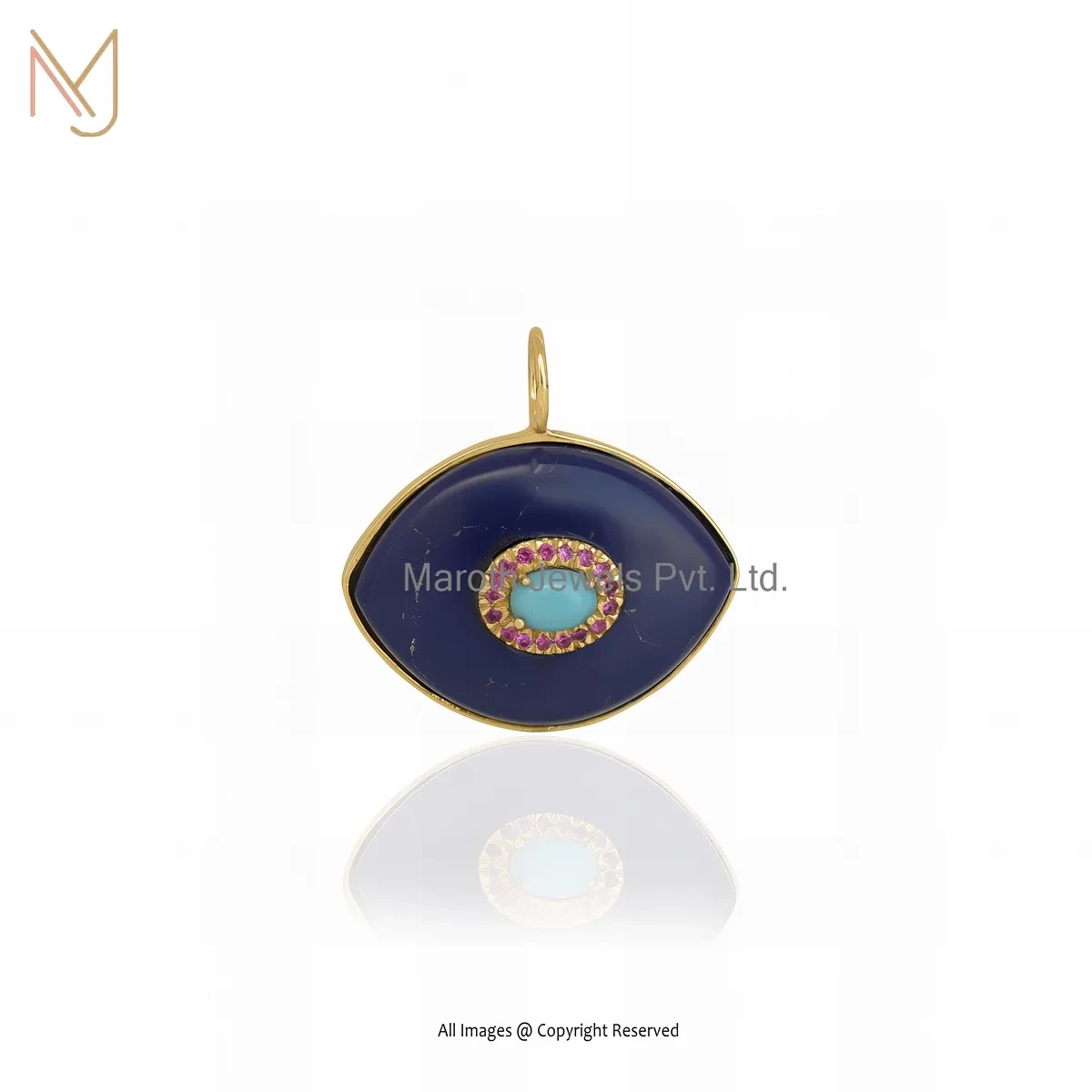 14K Yellow Gold Ruby Cubic Zircon And Lapiz Lazuli & Turquoise Gemstone Evil Eye Pendant USA