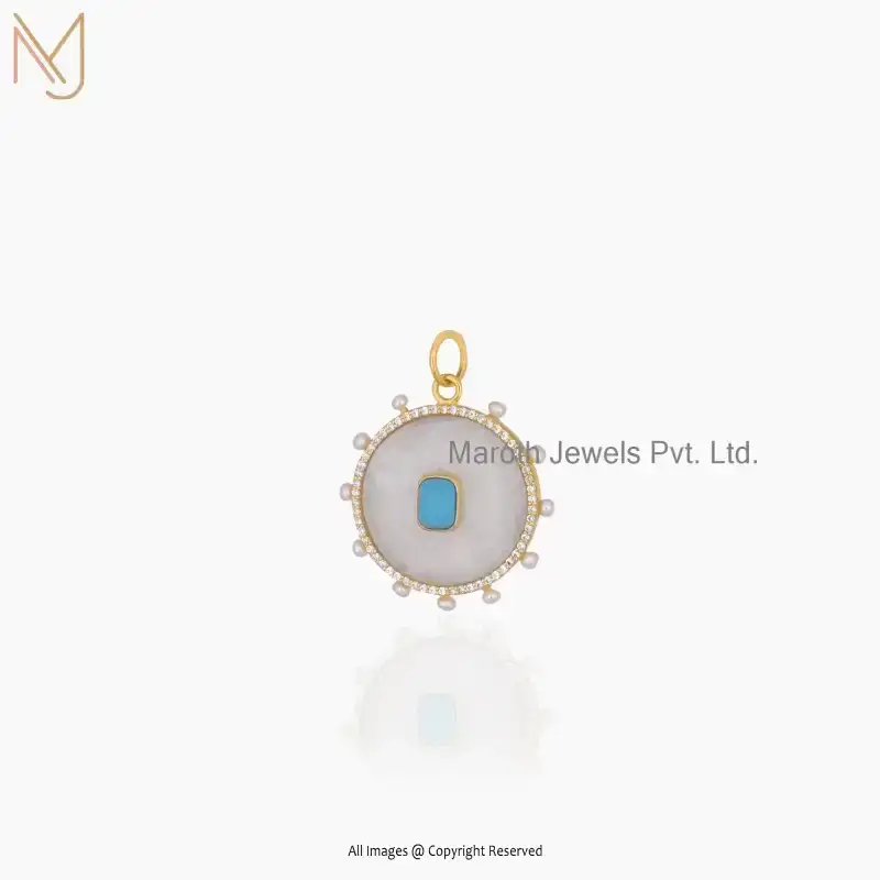 925 Sterling Silver Yellow Gold Plated Moonstone And Turqouise Pearl & White Cubic Zircon Larimar Charm Pendant USA