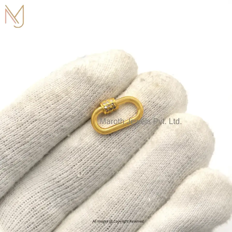 925 Silver Yellow Gold Plated Pave Diamond Carabiner Lock Custom Jewelry